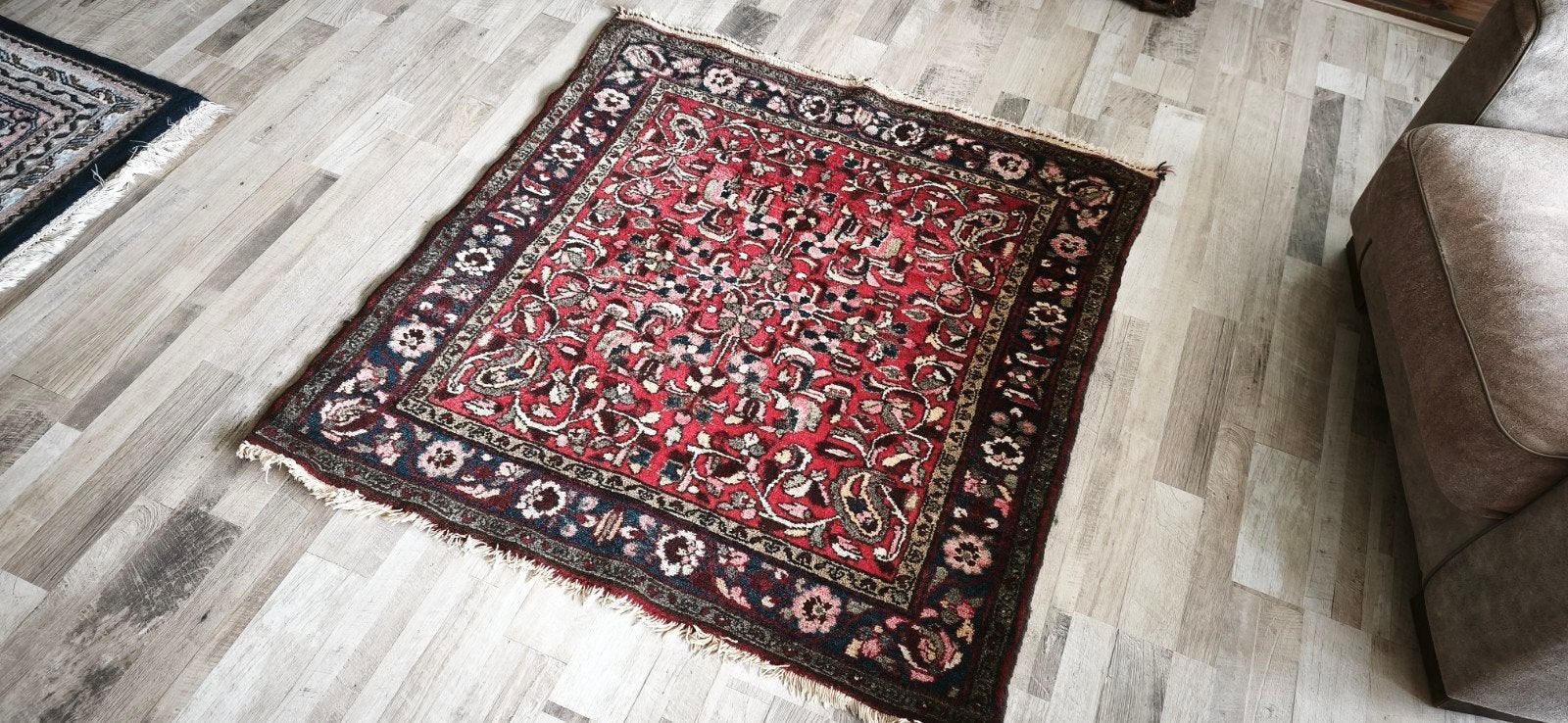 Vintage Perzisch tapijt, rood met bloemmotief (116x107 cm), Gebruikt, Perzisch, Vintage, Klassiek, Vierkant, Ophalen of Verzenden