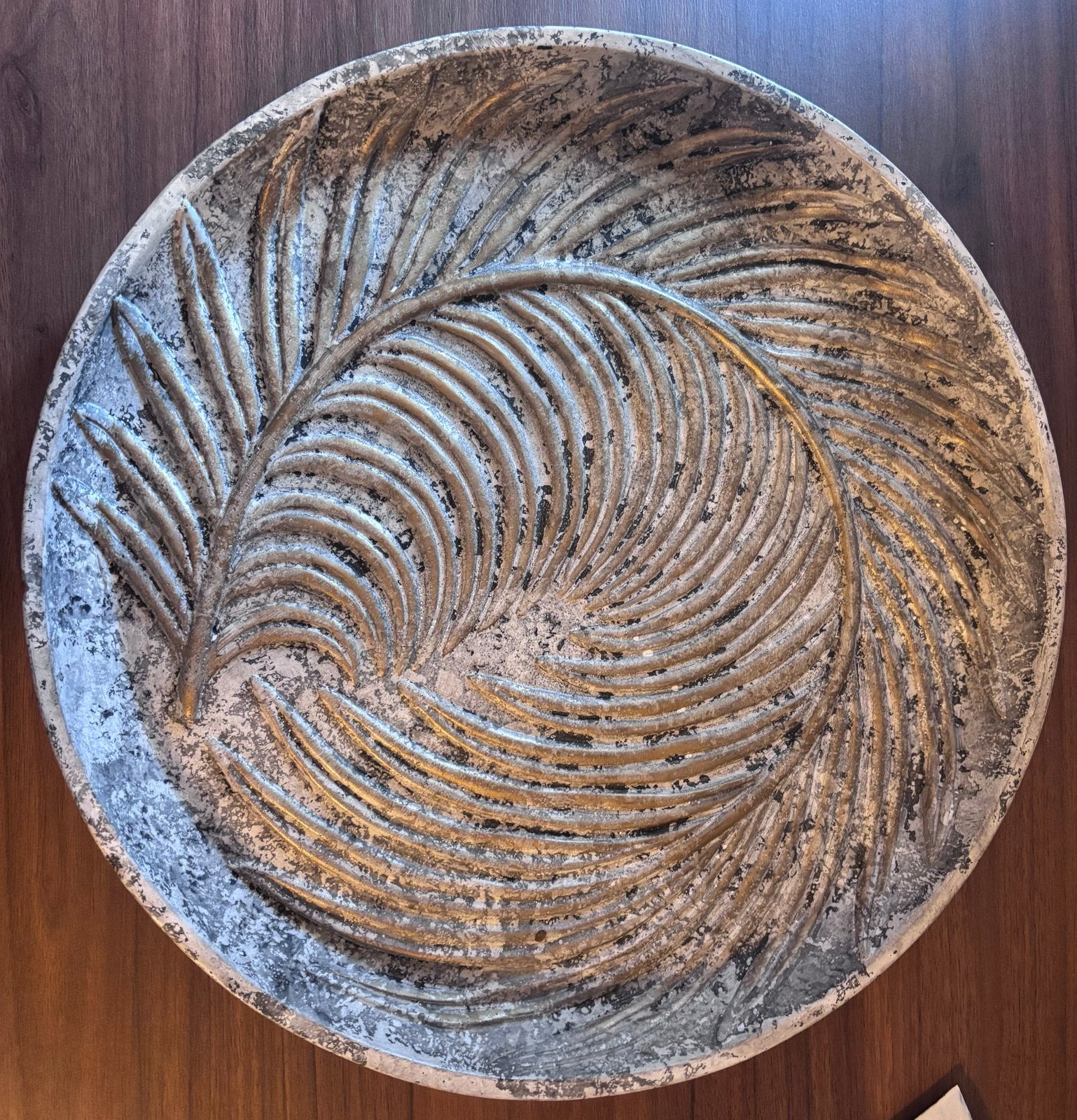 Decoratieve PTMD schaal met bladmotief - Grijs/groen/Goud, Ophalen, Nieuw, Rond
