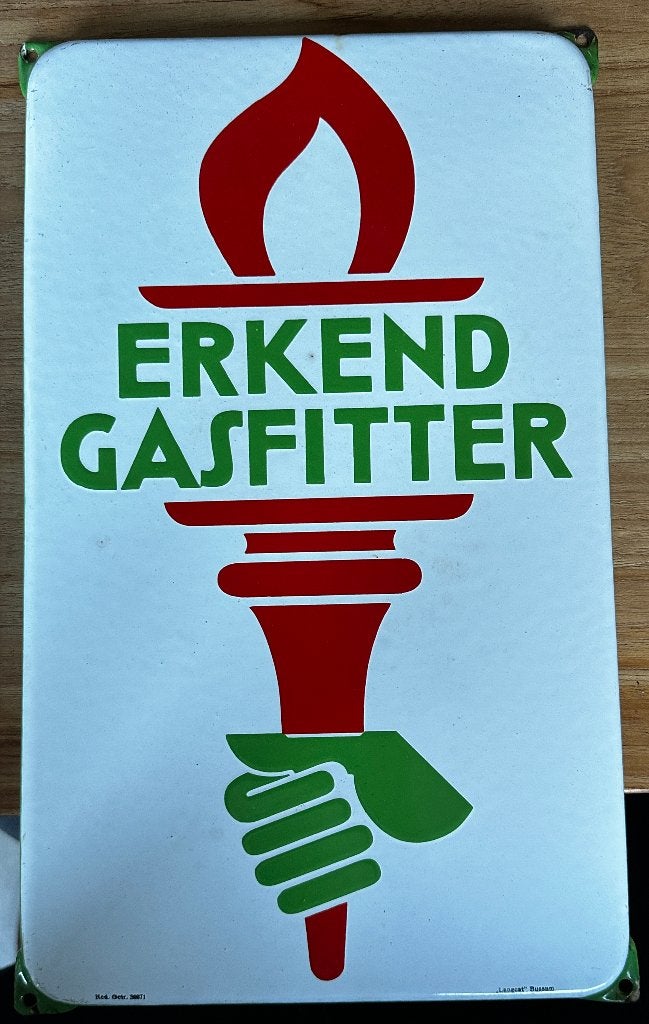 Vintage Emaille Bord Erkend Gasfitter - Langcat Bussum, Ophalen, Zo goed als nieuw, Reclamebord