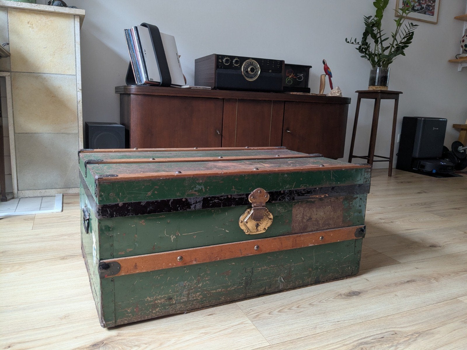 Vintage houten kist - Groen met metalen accenten, Ophalen, Gebruikt, 50 tot 100 cm, Minder dan 50 cm