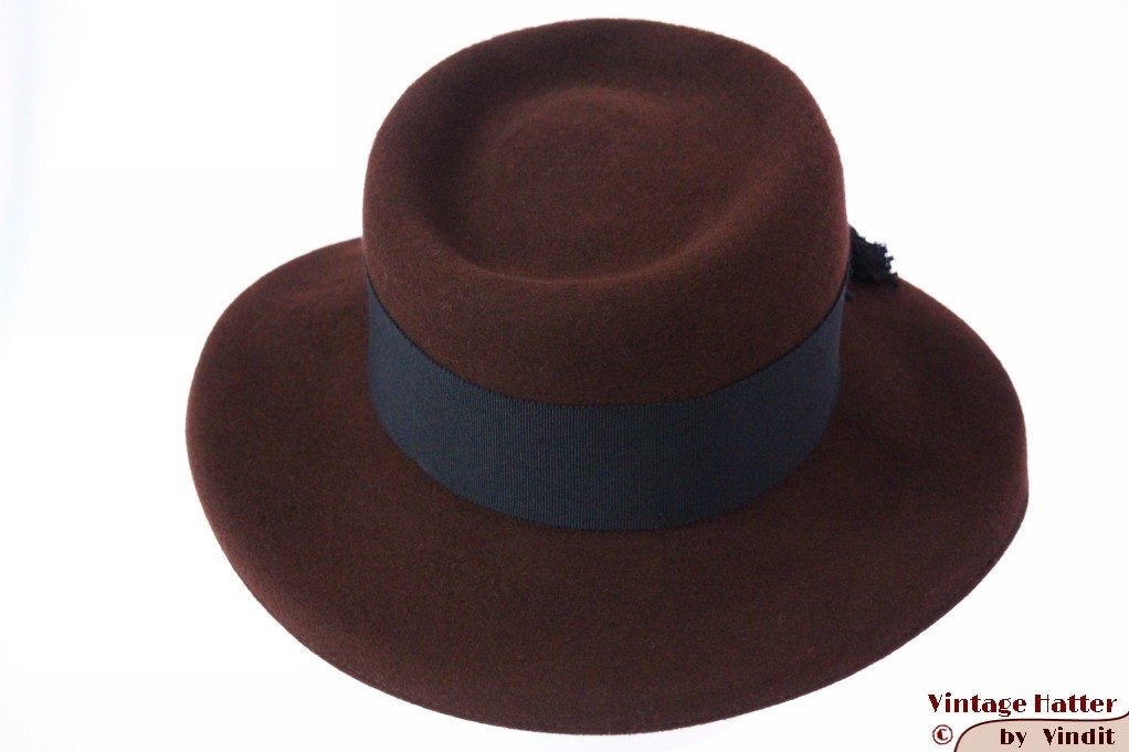 Vintage Wijde dameshoed Sixth Sense bruin vilt 57, 56 of 57 cm (M, 7 of 7⅛ inch), Hoed, Sixth Sense, Ophalen of Verzenden