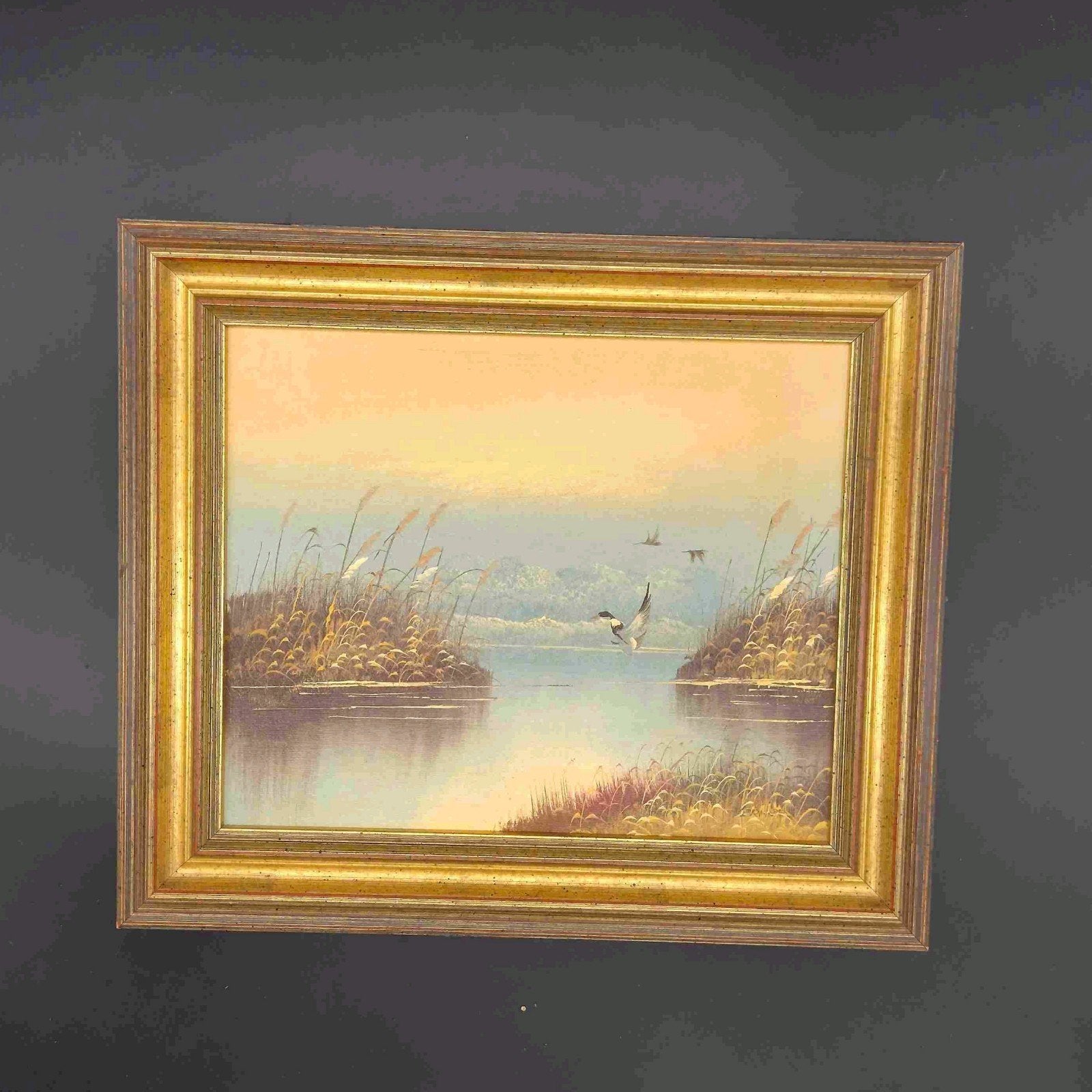 Sfeervol polderlandschap met opvliegende eenden olieverf, Doek, Ophalen of Verzenden, Landschap, Klassiek