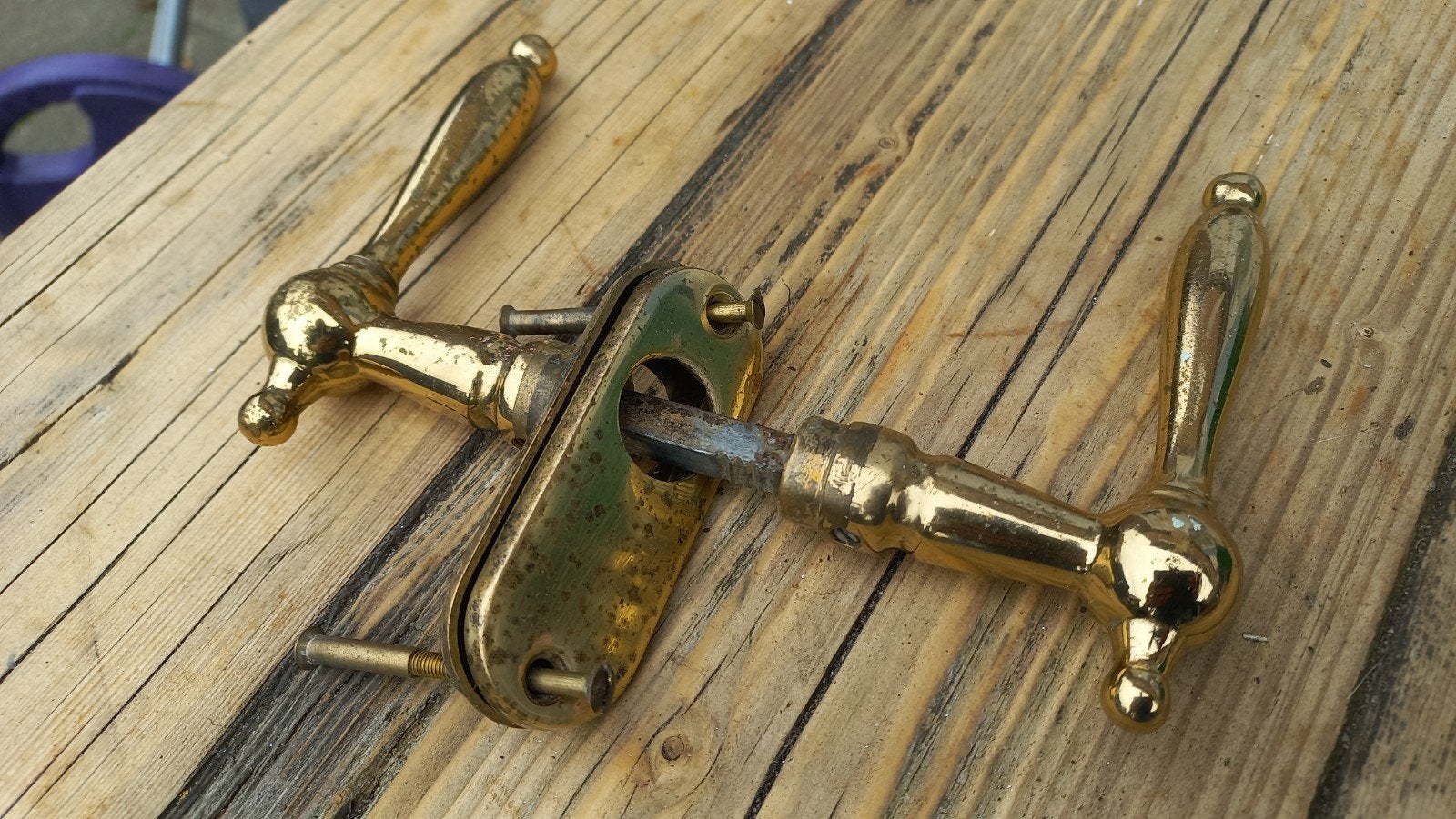 Antiek messing deurbeslag, Ophalen of Verzenden, Koper of Messing, Klink of Kruk