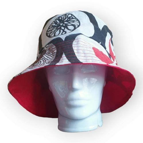 Bucket hat wit zwart rood vintage Ikea stof reversible nieuw, -, -, Nieuw, Hoed