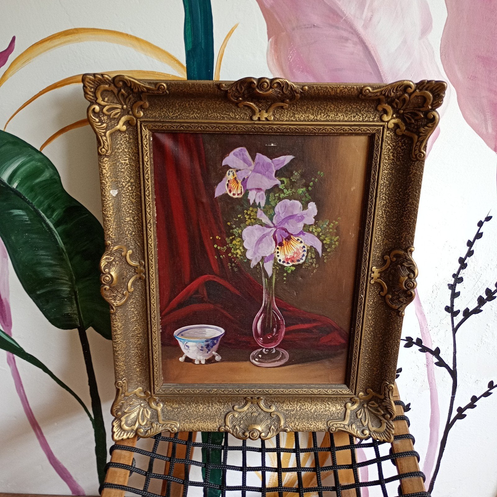 Vintage olieverfschilderij met orchideeën in lijst, Antiek en Kunst, Kunst | Schilderijen | Klassiek, Ingelijst, Doek, Olieverf