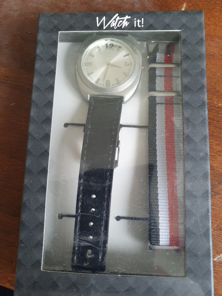 Heren horloge + nieuw bandje, Overige merken, Leer, Staal, Polshorloge