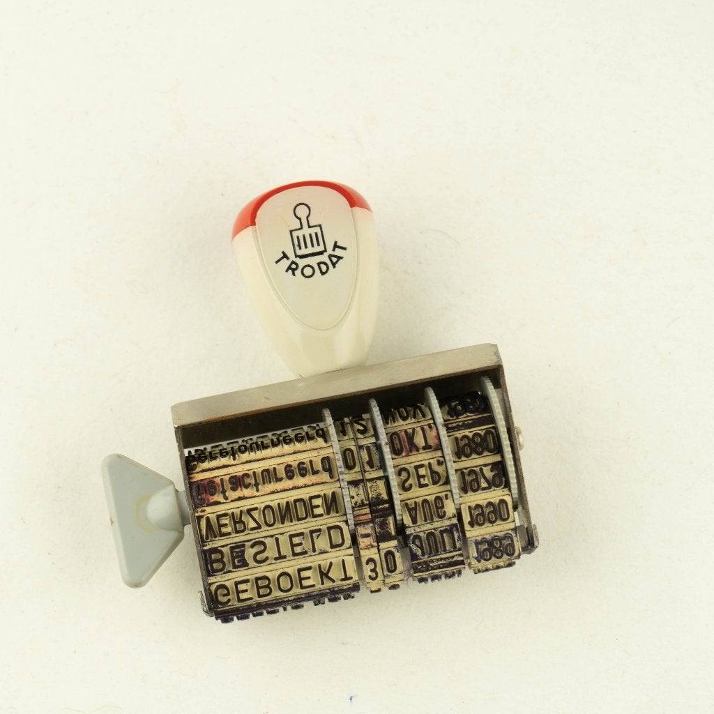 Antieke Trodat datum- en tekststempel, Gebruikt, Ophalen of Verzenden, Nvt, Nvt