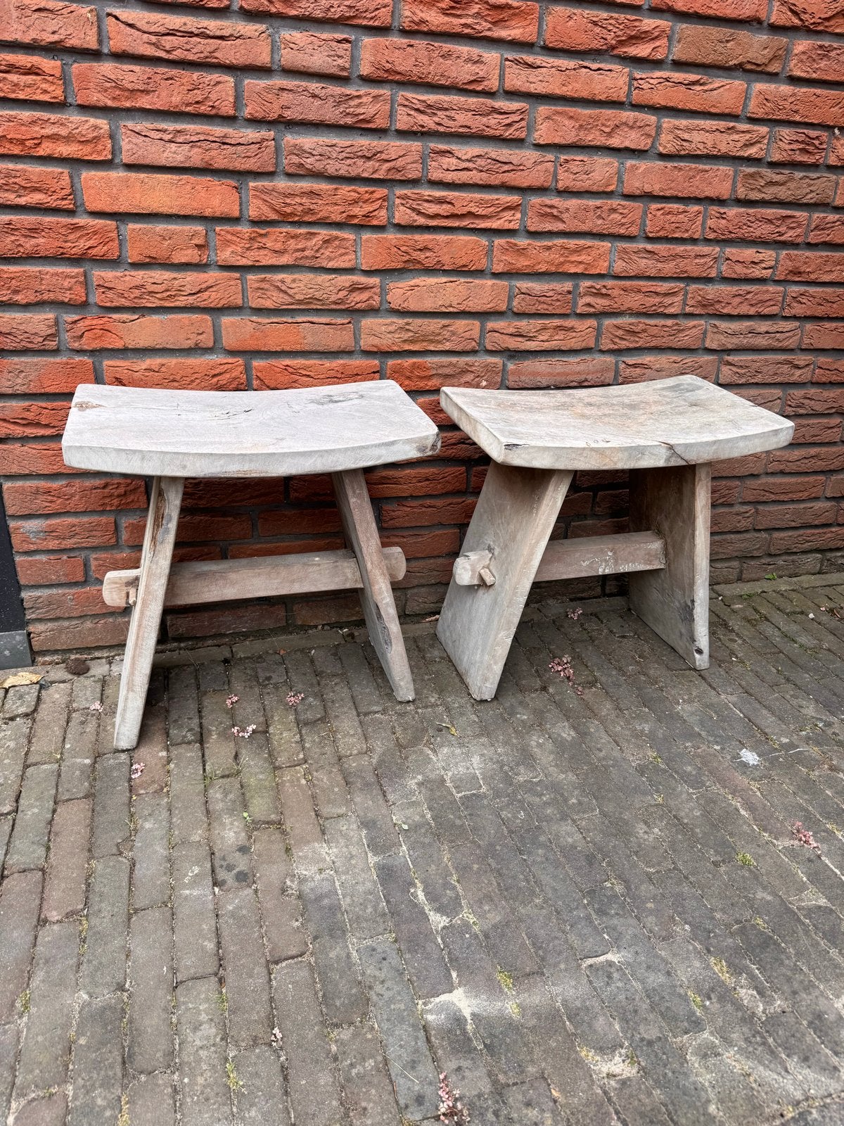 Set van 2 Teak Houten Krukjes - Rustiek en Robuust, Ophalen, Gebruikt, Hout