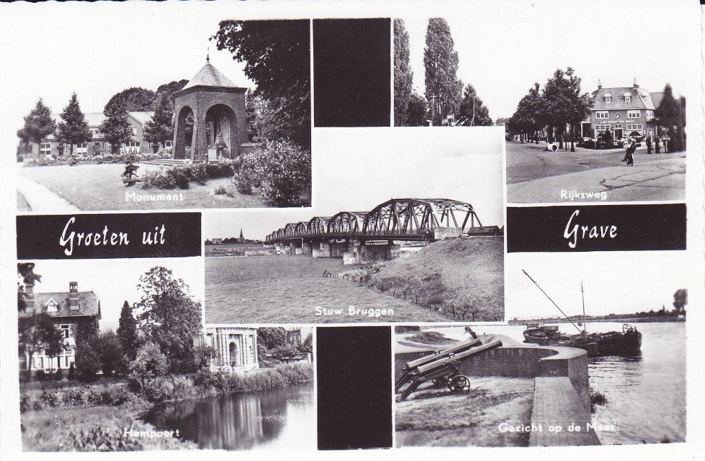 Oude ansichtkaart Grave - Monument, Stuw Bruggen, Maas, Verzenden, 1960 tot 1980, Ongelopen, Noord-Brabant