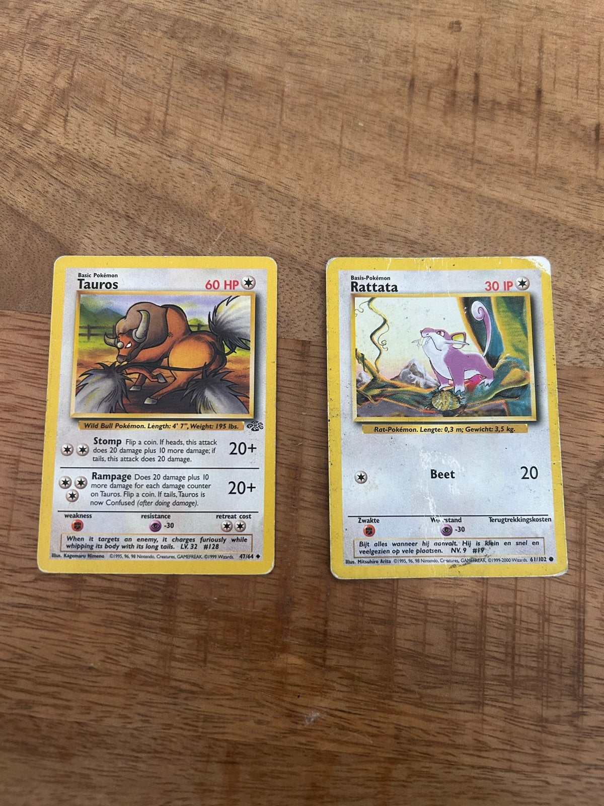 Pokémon kaarten Tauros en Rattata (Basis Set), Ophalen of Verzenden, Gebruikt, Meerdere kaarten