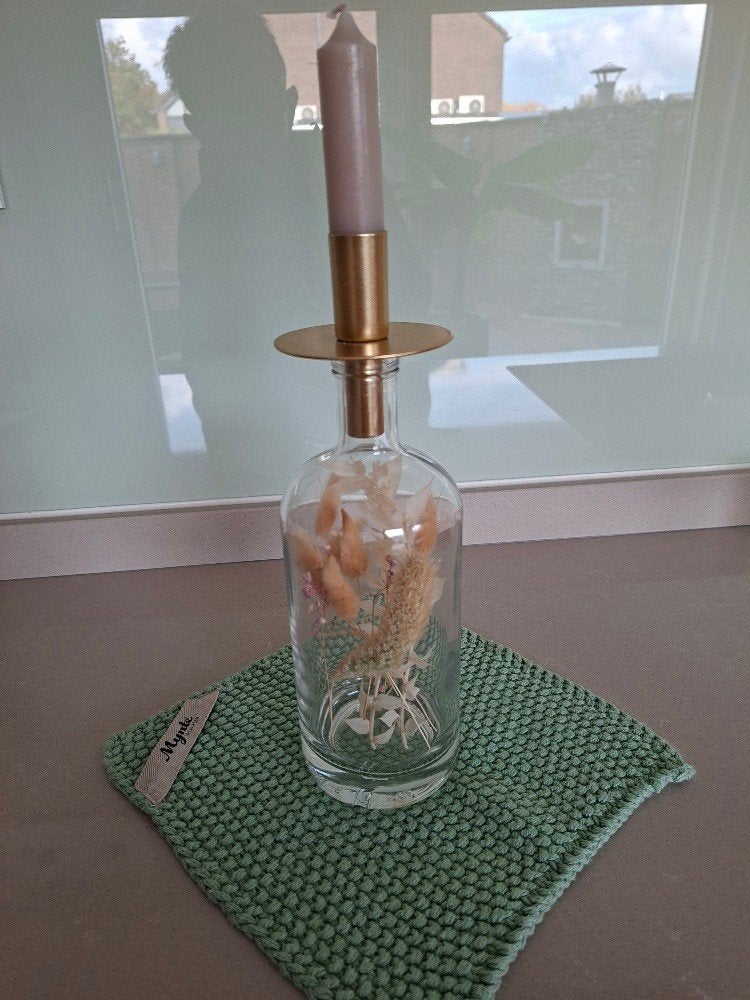 Mynte kaarsen houder in fles met bijpassend mynte kleedje., Ophalen of Verzenden, Metaal