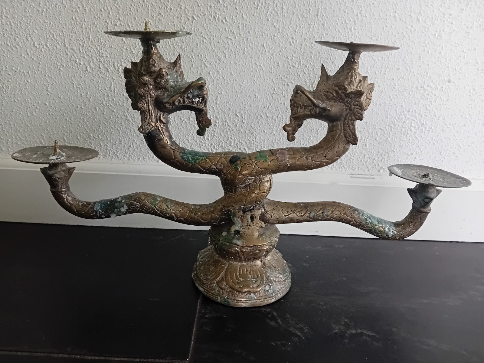 Antieke Balinese Draken Kaarsenstandaard - Koper/Brons, Antiek en Kunst, Antiek | Kandelaars, Ophalen of Verzenden