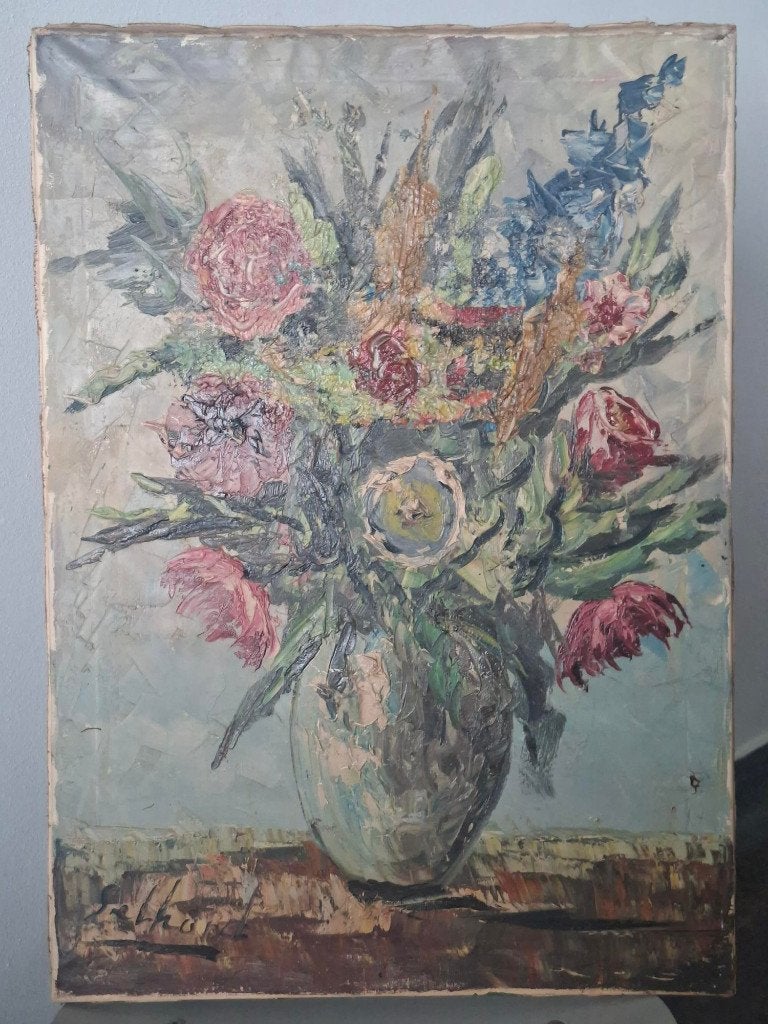 Oud/vintage bloemstilleven op doek mid century Ad Selhorst, Ophalen, Doek, Stilleven, Olieverf