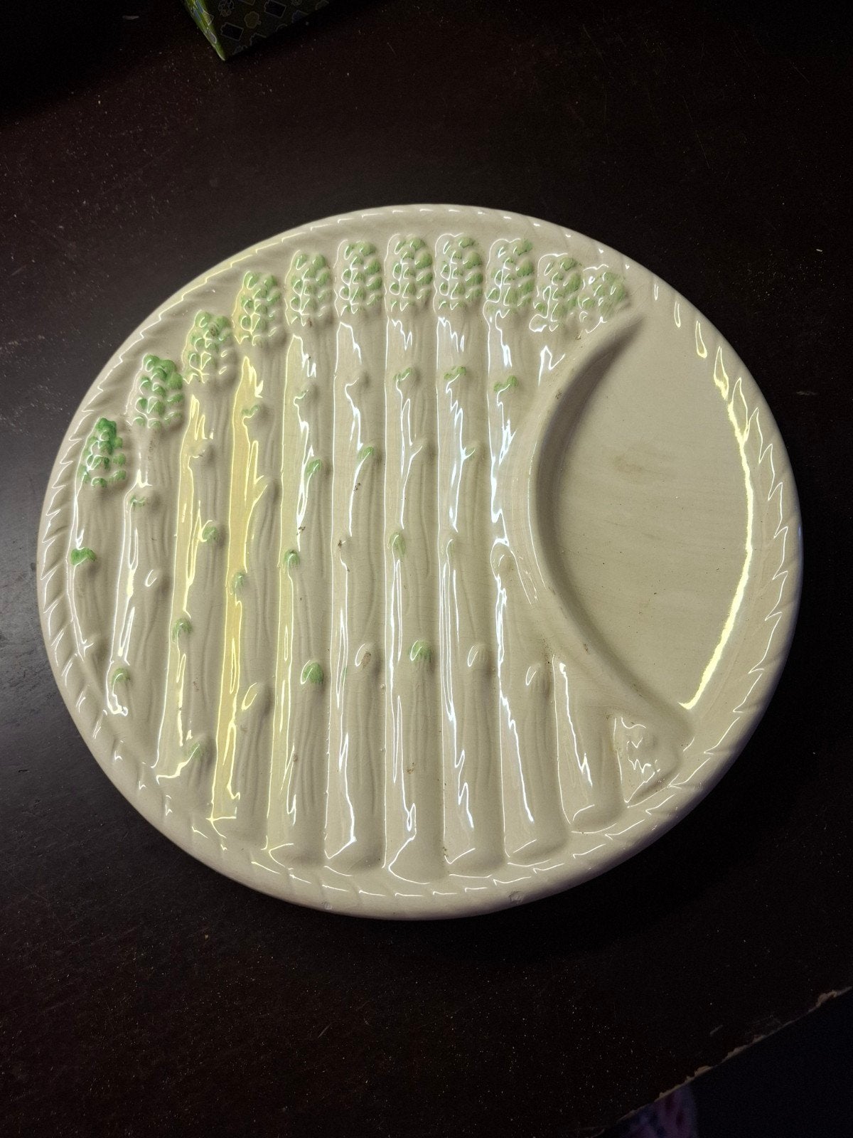 Vintage Aspergebord - Crèmekleurig met Groene Asperges, Huis en Inrichting, Gebruikt, Keramiek, Vintage, Ophalen of Verzenden