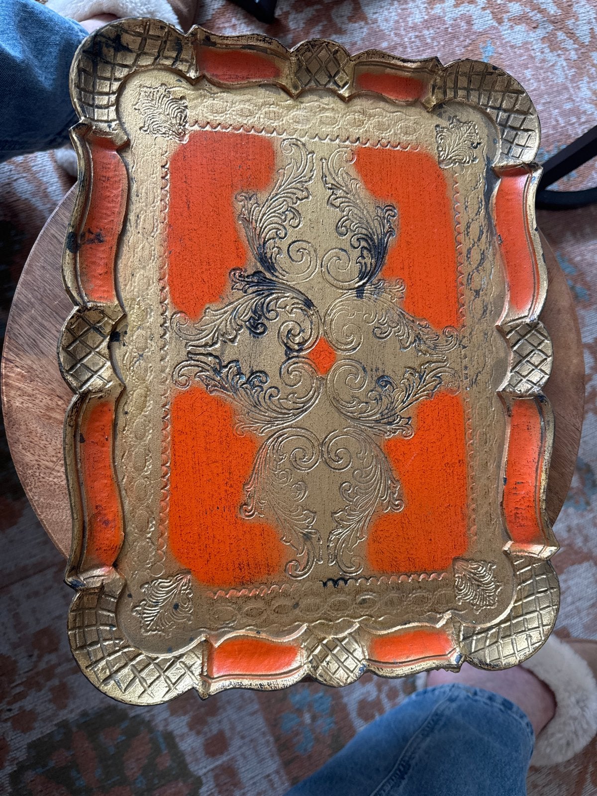Decoratief Dienblad met Barok Patroon - Oranje/Goud, Gebruikt, Decoratieve rand, Ophalen of Verzenden, Dienblad