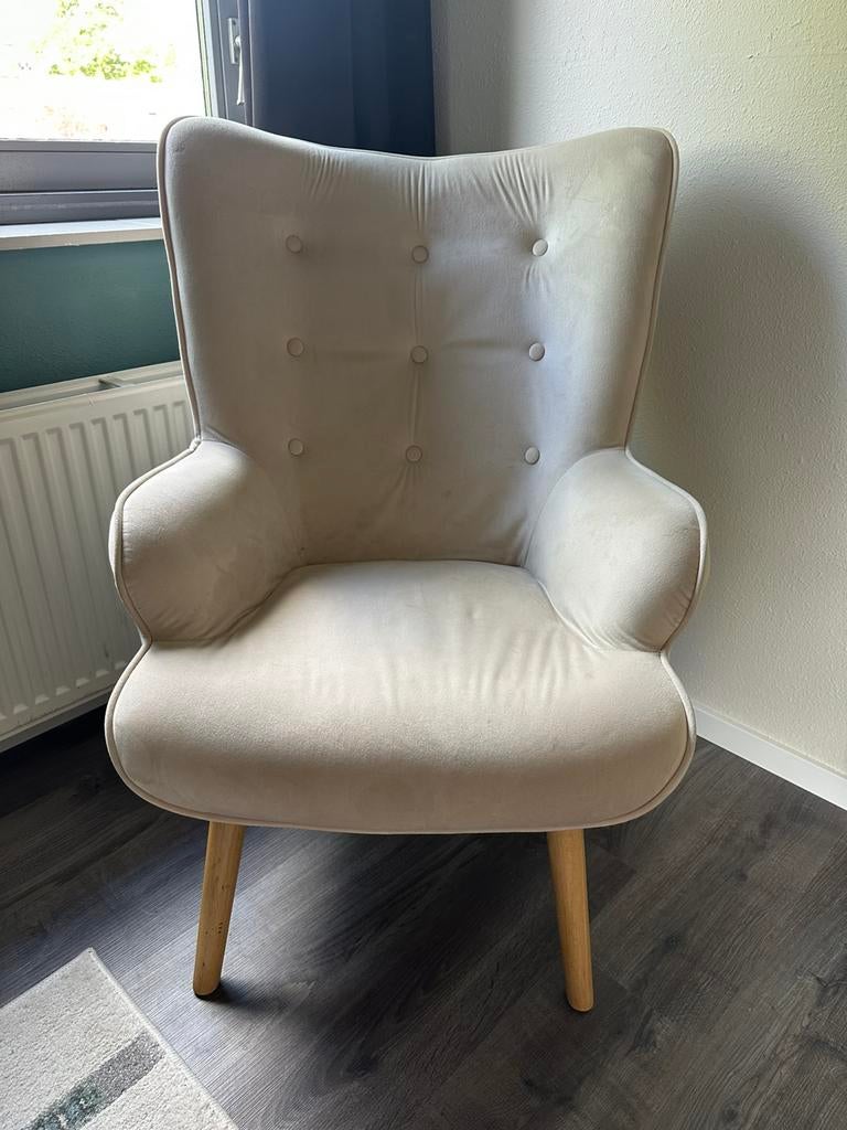 Beige/lichtroze fauteuil, Ophalen, Gebruikt, Minder dan 75 cm, Stof
