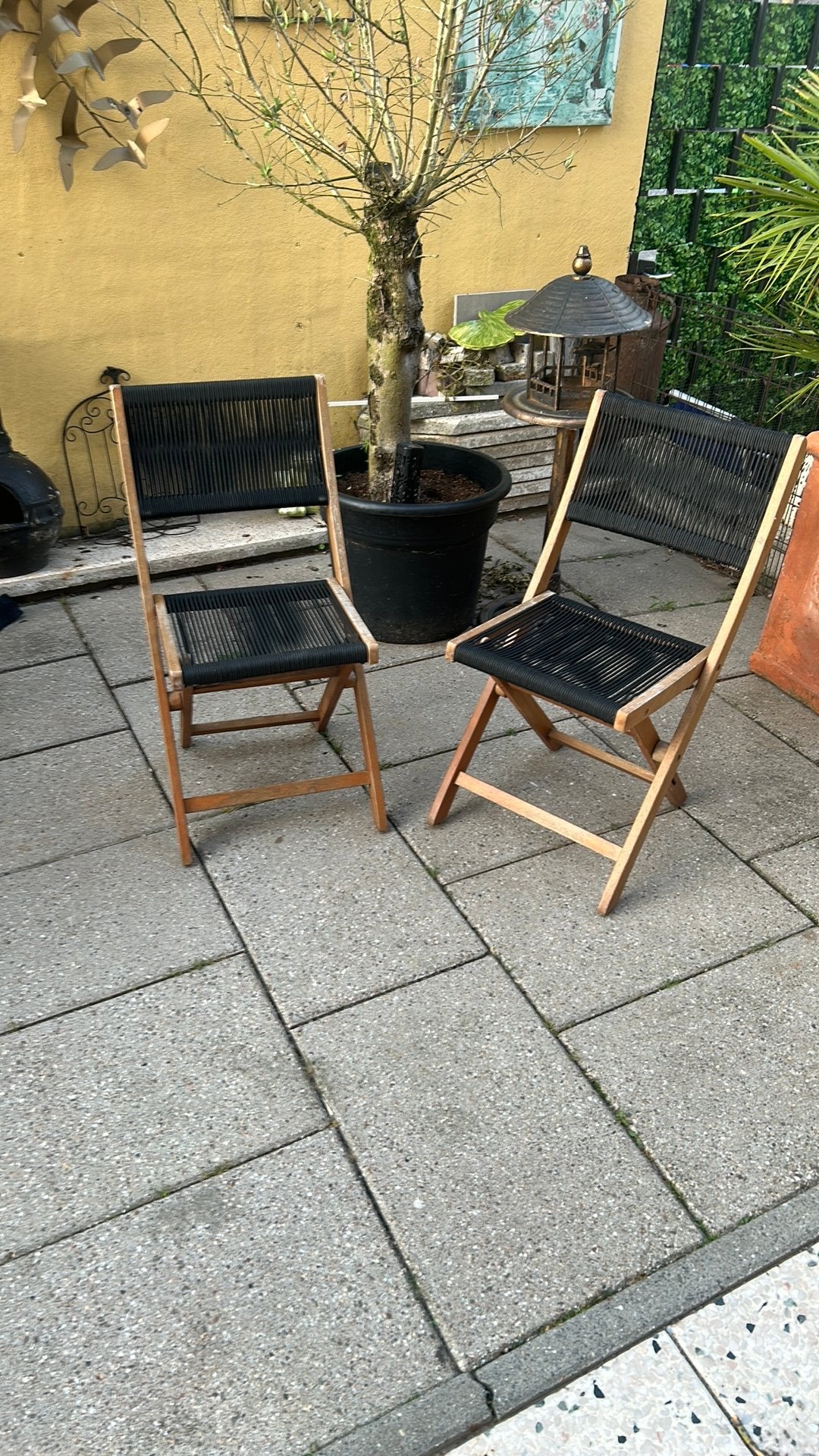 Tuinstoel/ klapstoel hout met touw / ropestoel set 2 stuks, Ophalen, Gebruikt, Bruin, Eén