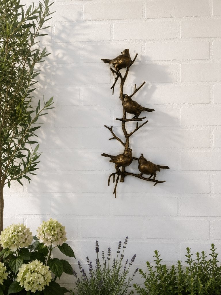 4 VOGELS OP TAK / BRONS / WANDHANGER, Tuin en Terras, Tuinwanddecoratie, Nieuw, Info@huisentuindecoratiemarie.nl, Huis en tuin decoratie marie