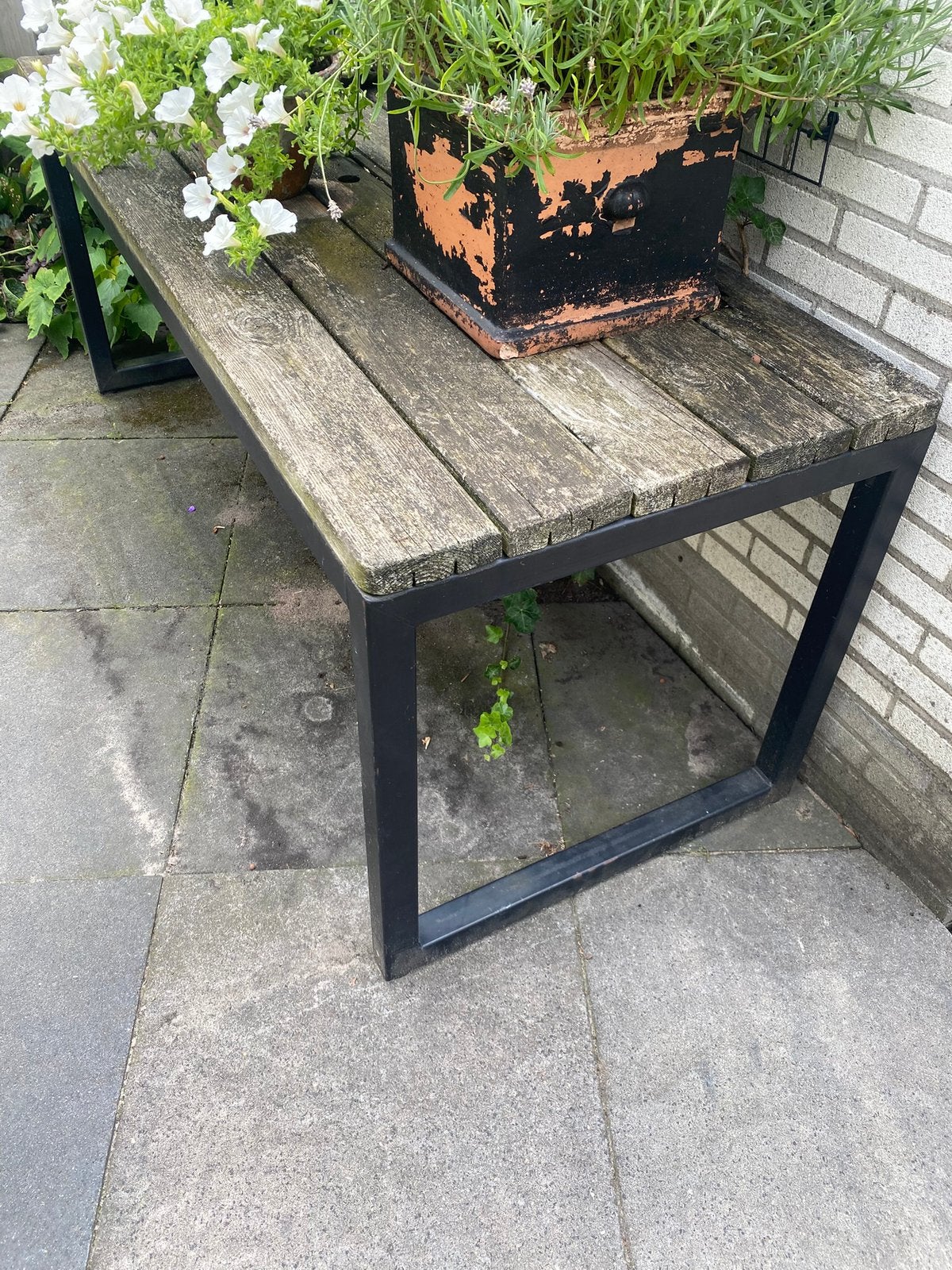 Stalen frame tuintafel zwart tafel, Tuin en Terras, Ophalen, Zo goed als nieuw, Rechthoekig, Hout