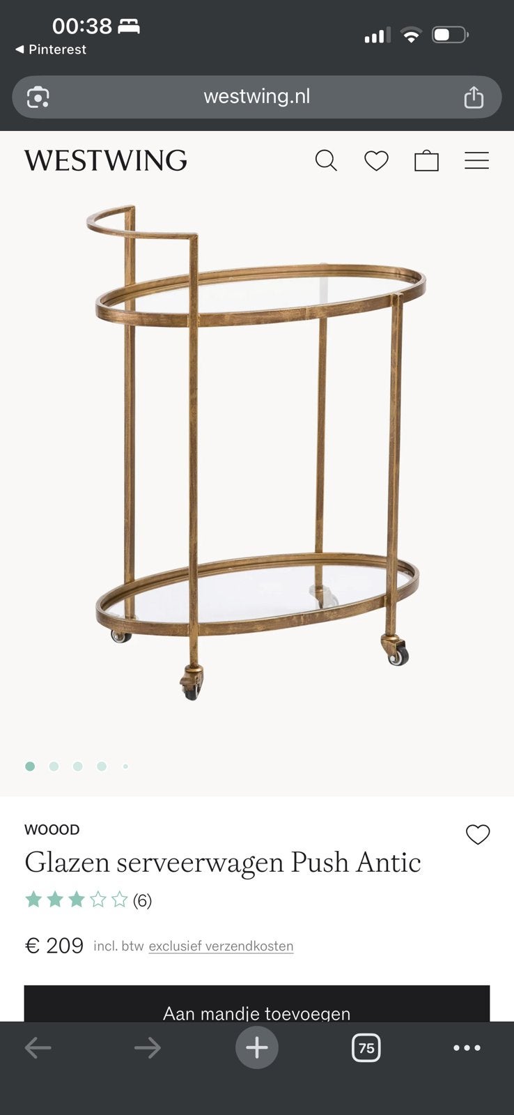 Vintage Serveerwagen / Bijzettafel met Glas en Metaal, Ophalen