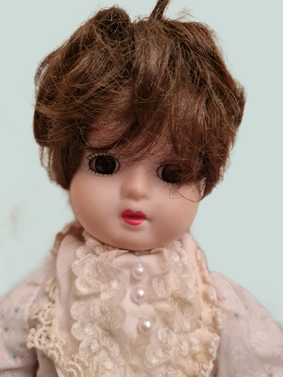 Vintage Pop met Roze Jurk en Bontrand - 40cm, Ophalen of Verzenden, Zo goed als nieuw, Pop