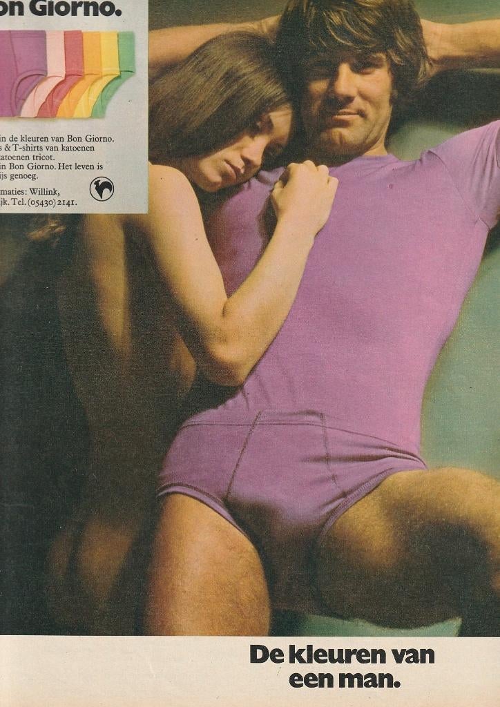 Retro reclame 1972 Bon Giorno paars ondergoed mannen, Verzenden, Overige typen