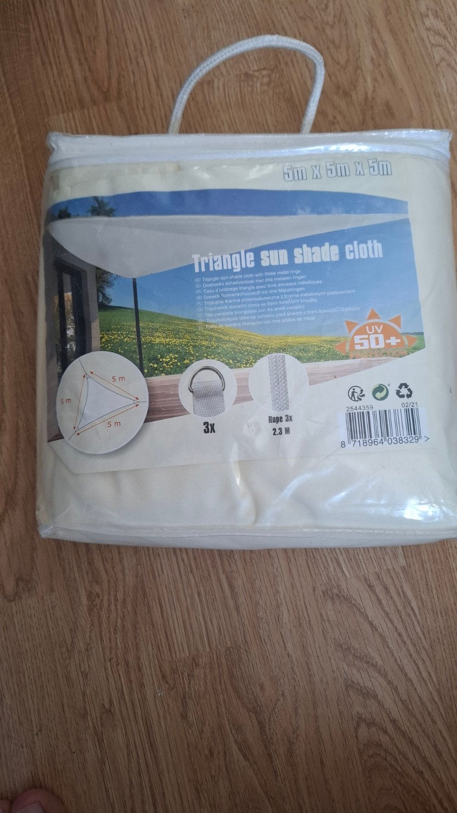 Driehoekig schaduwdoek 5x5x5m UV50+ zo goed als nieuw, Tuin en Terras, Schaduwdoeken, Ophalen of Verzenden, Zo goed als nieuw