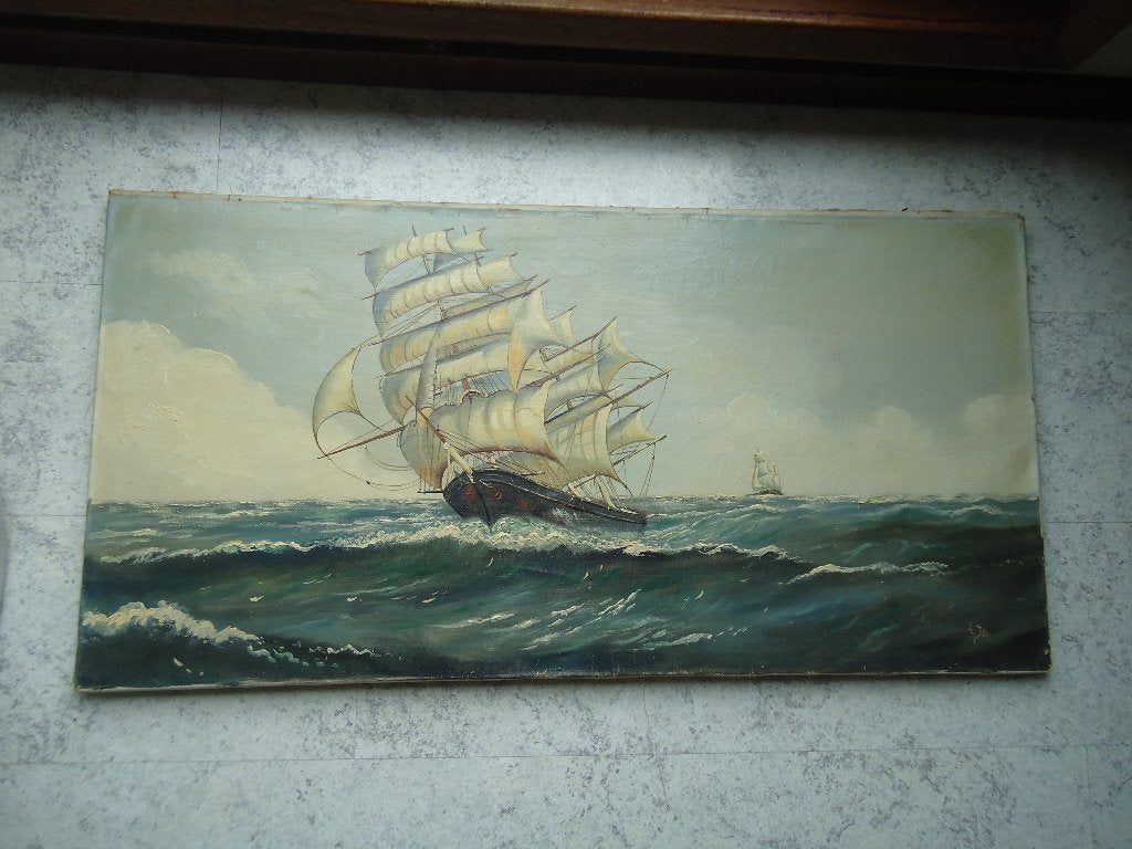 Driemaster op volle zee prachtig Maritiem oud schilderij, Verzenden