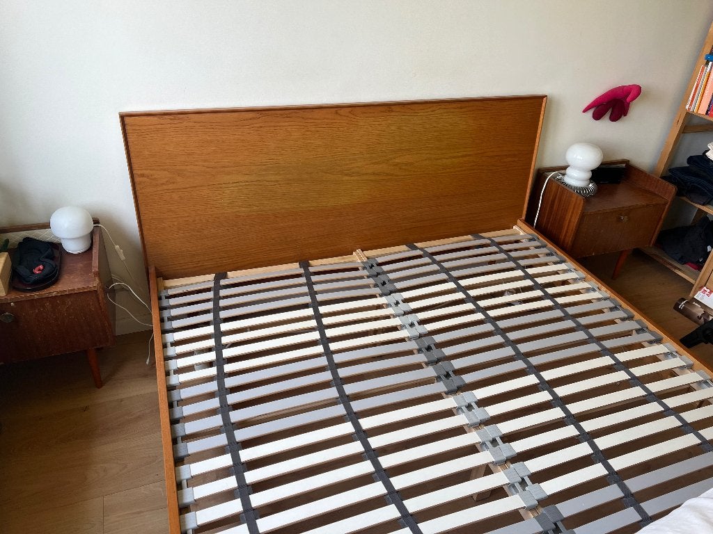 Bedframe 160x200cm van eikenhout met lattenbodem, Huis en Inrichting, Slaapkamer | Bedden, Ophalen, Gebruikt, Bruin, Tweepersoons