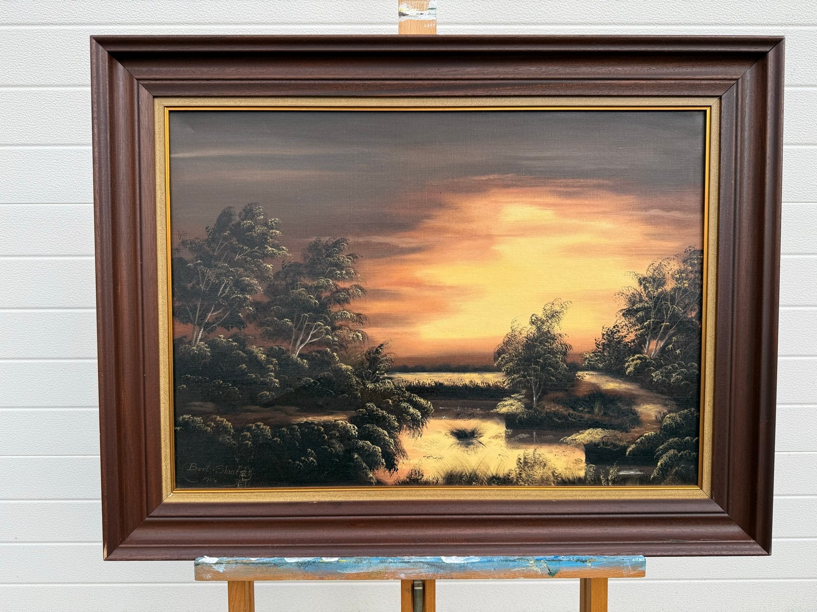 Schilderij zonsondergang landschap olieverf ingelijst, Ophalen, Doek, Realistisch, Landschap