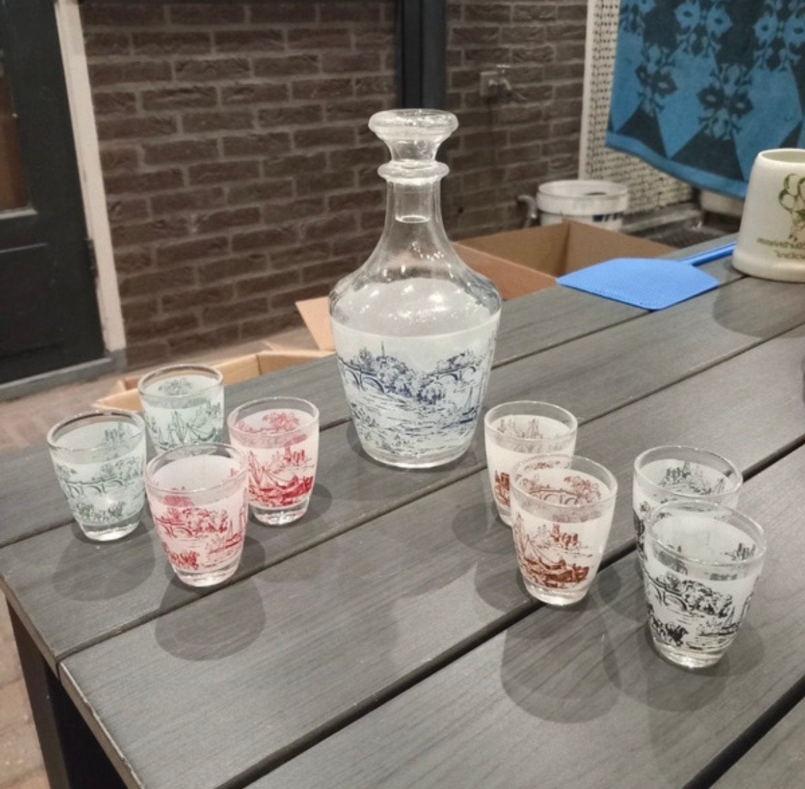 Vintage karaf met 8 borrelglaasjes, Antiek en Kunst, Ophalen of Verzenden