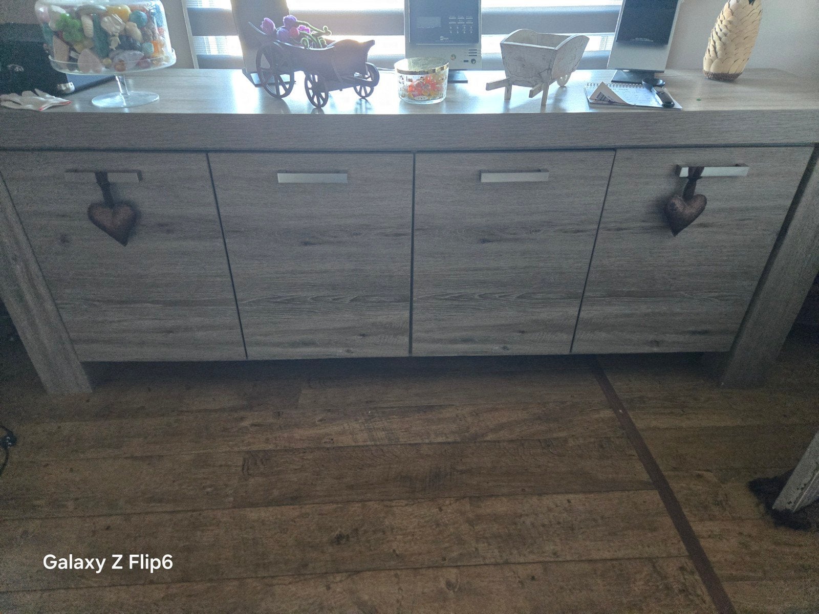 Stijlvol dressoir met 4 deuren - Grijs houtlook, Ophalen, Gebruikt, 150 tot 200 cm, Modern