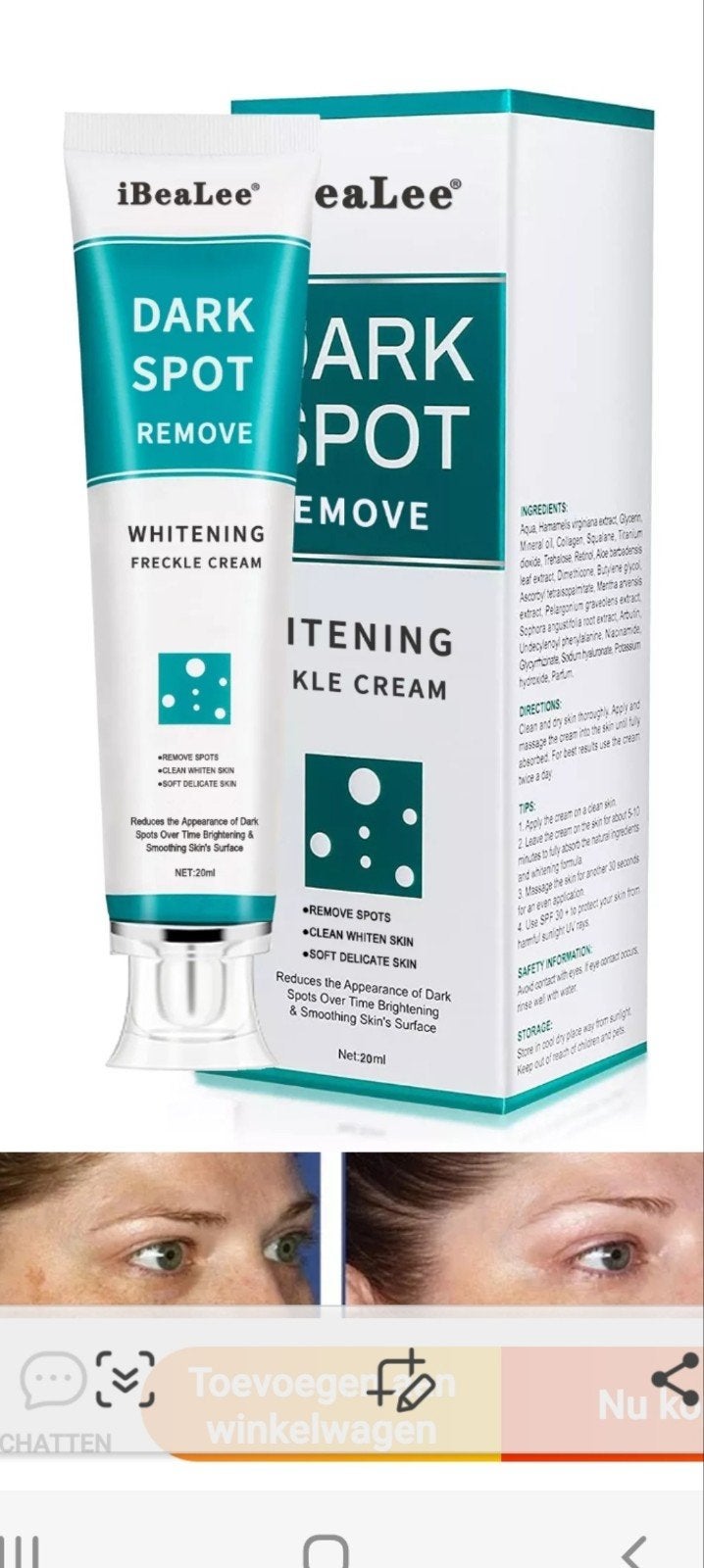 iBeaLee Dark Spot Remove Whitening Freckle Cream, Ophalen of Verzenden, Nieuw, Gehele gezicht