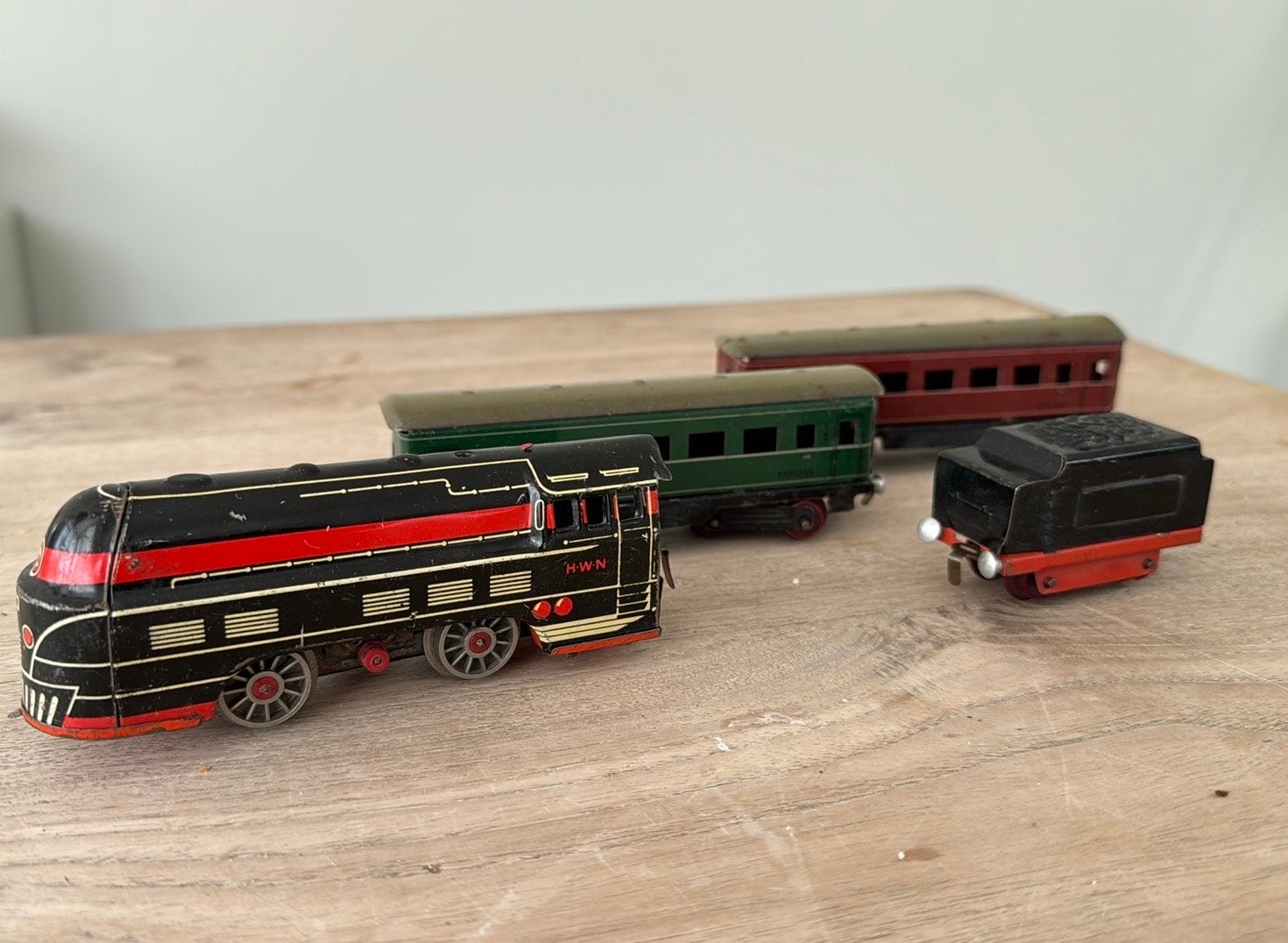 H.W.N. Vintage Treinbaan met locomotief en wagons en meccano, Ophalen of Verzenden, Gebruikt, Trein, Overige typen