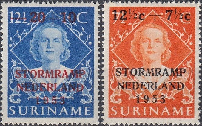 Suriname- 1953- Watersnood Nederland  -19-Stormrampzegels- P, Postzegels en Munten, Verzenden, Postfris