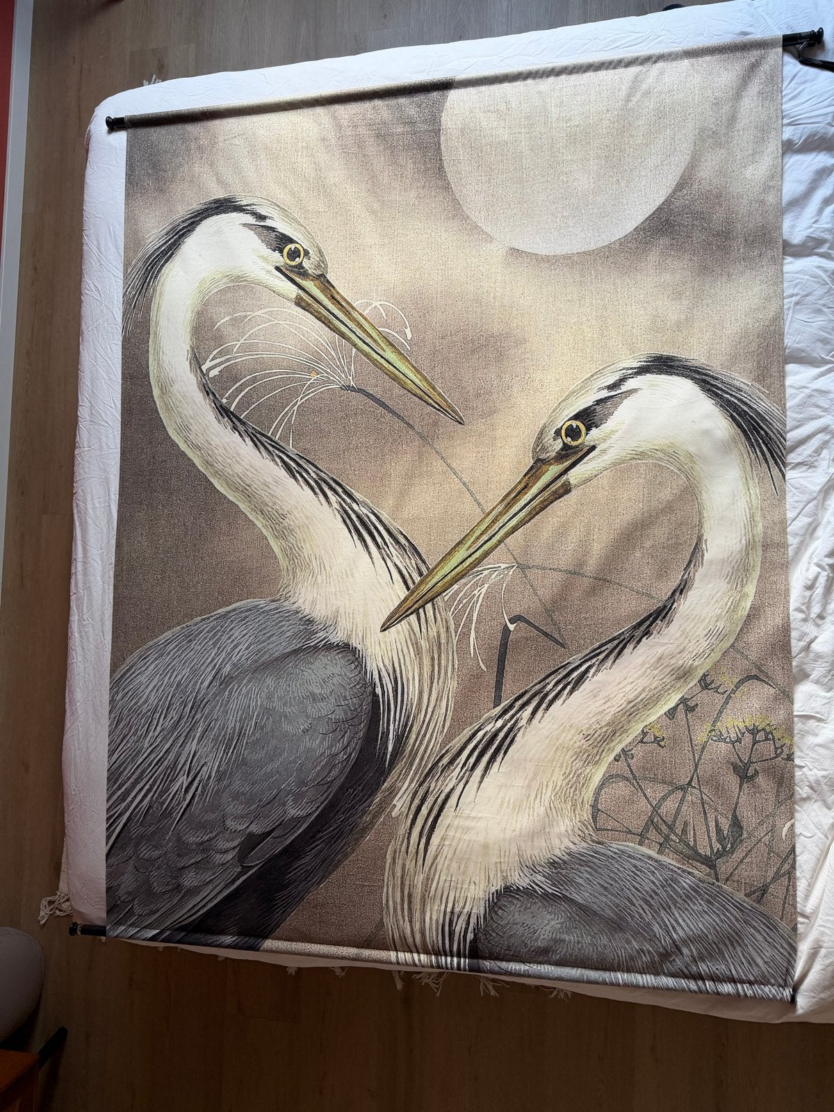 Wandkleed met Reigers - 140x170 cm, Ophalen, Meerkleurig, Zo goed als nieuw, Met ophangsysteem
