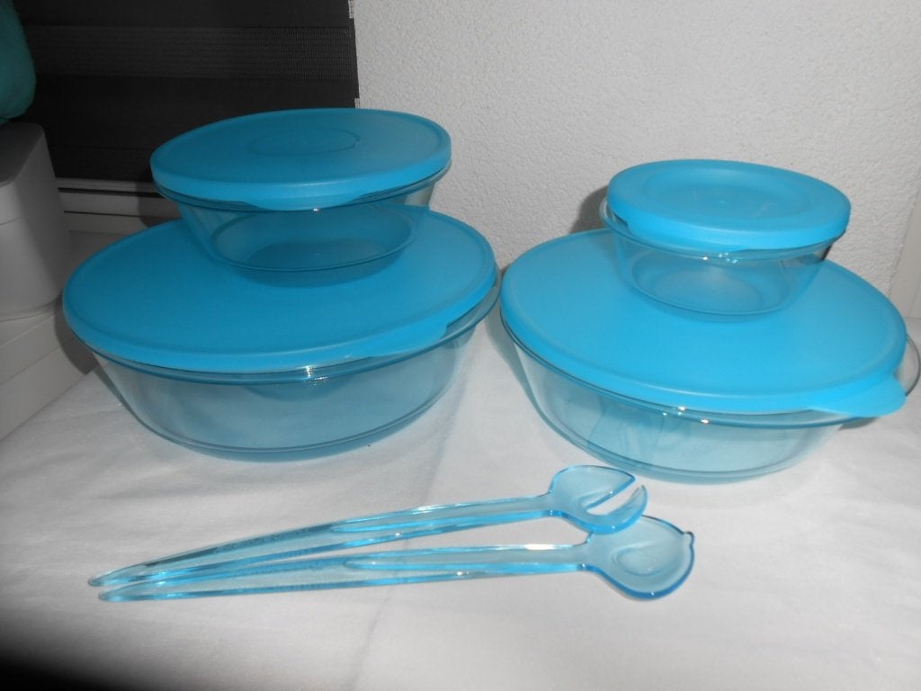 Tupperware 3S Schalen met Slacouvert Transparant Blauw NIEUW, Blauw, Nieuw, Ophalen of Verzenden, Met deksel