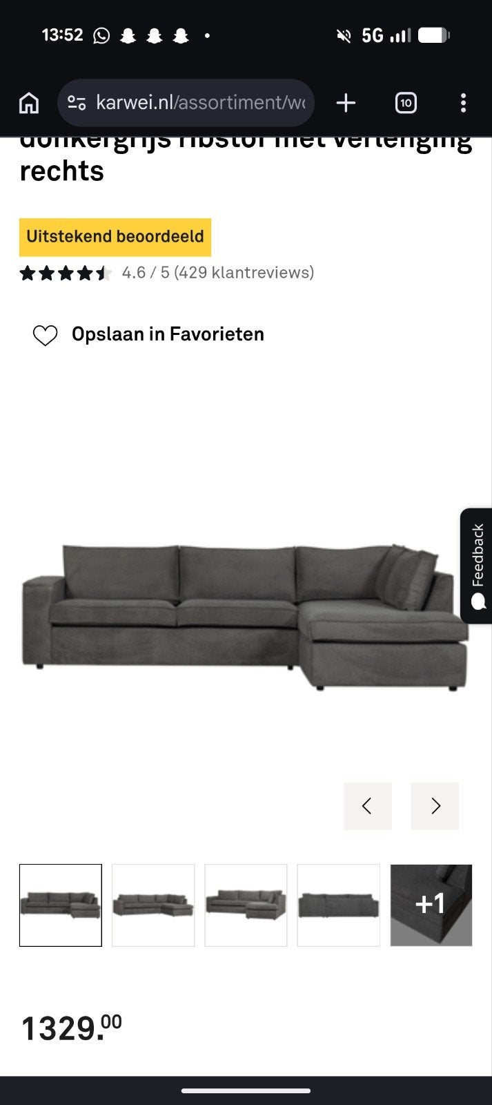 Foto 11 van WOOOD 'Thomas' Ribstof Hoekbank Grijs - Gratis Bezorging