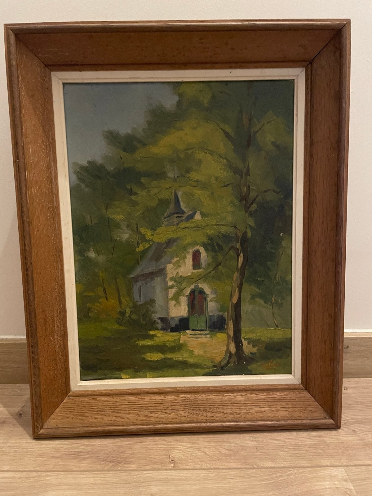 Olieverfschilderij: Kapel in het bos, Doek, Realistisch, Ophalen of Verzenden, Gesigneerd