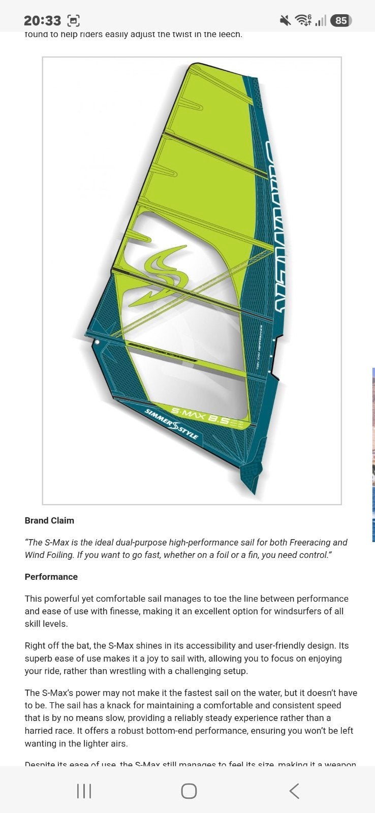 Simmer S-Max 8.5 2023 Windsurfzeil freeride, slalom, race, Ophalen of Verzenden, Zo goed als nieuw, Zeil
