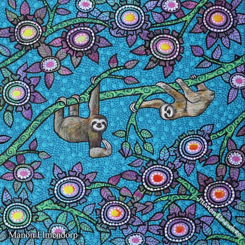 100% Handgeschilderd Schilderijtje Luiaards Nieuw 20x20 cm, Ophalen of Verzenden, Gelakt/vernis, Acrylverf, Dieren