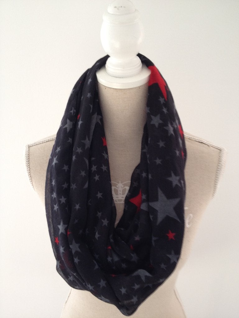 Leuke dames sjaal zwart, rood & stars, Ophalen, Nieuw, Maat 38/40 (M), Sjaal