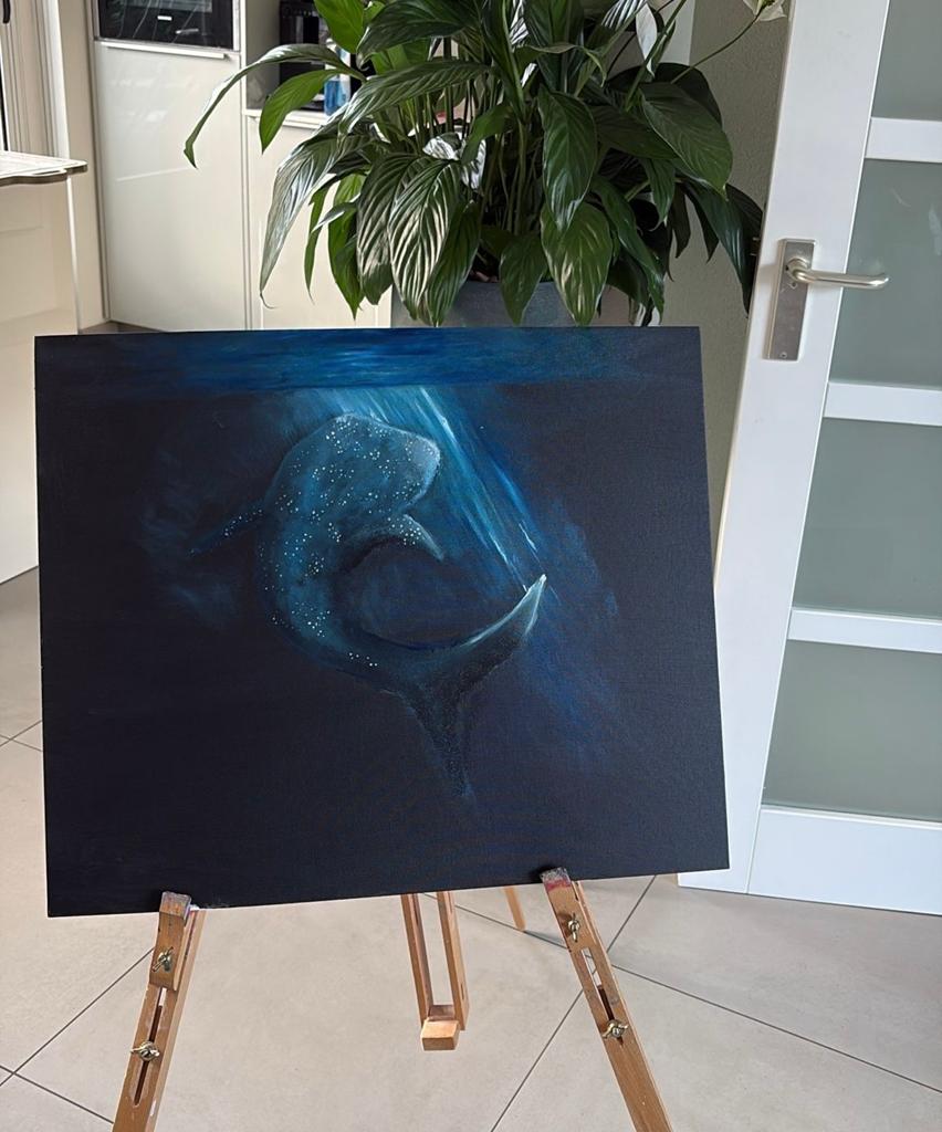 Olieverfschilderij Walvis haai onder water, Antiek en Kunst, Kunst | Schilderijen | Modern, Ophalen of Verzenden