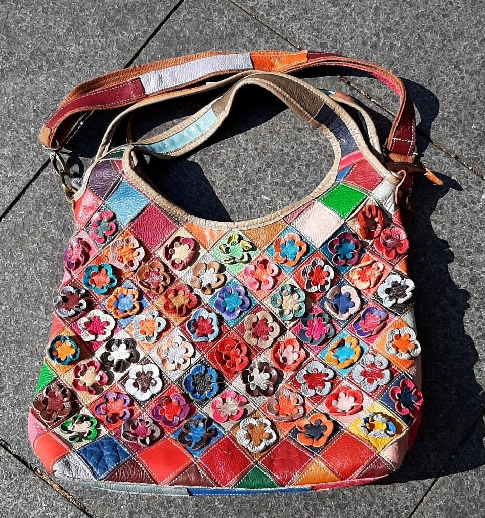 Italiaanse leren tas met bloemen multicolor Vera Pelle zgan, Ophalen of Verzenden, Zo goed als nieuw, Overige kleuren, Handtas