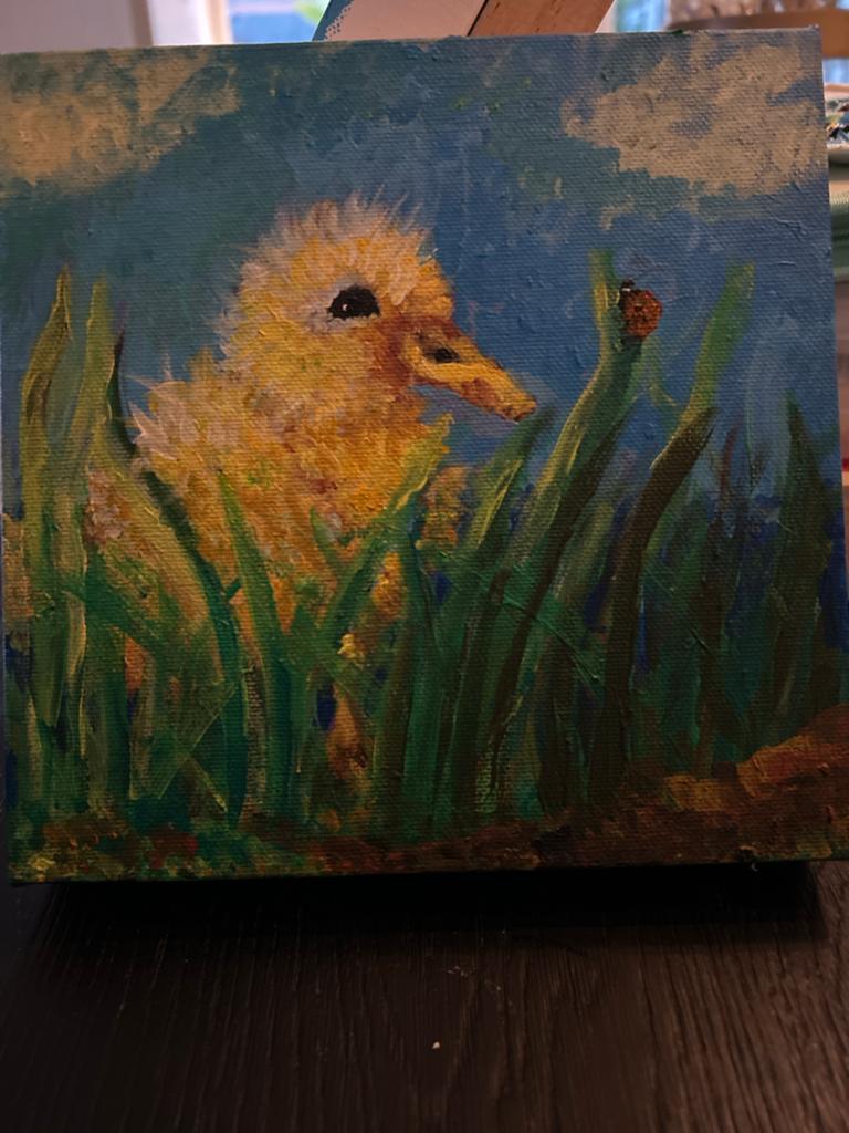 Schattig Eendje in het Gras - Handgeschilderd Kunstwerk, Antiek en Kunst, Ophalen of Verzenden