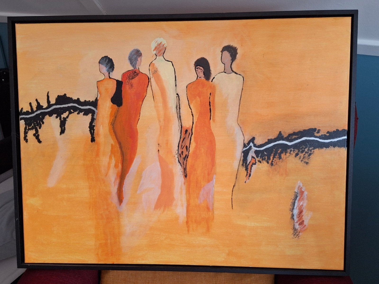 Acryl schilderij met figuren in baklijst - 83x63cm, Ophalen, Ingelijst, Acrylverf, Figuren