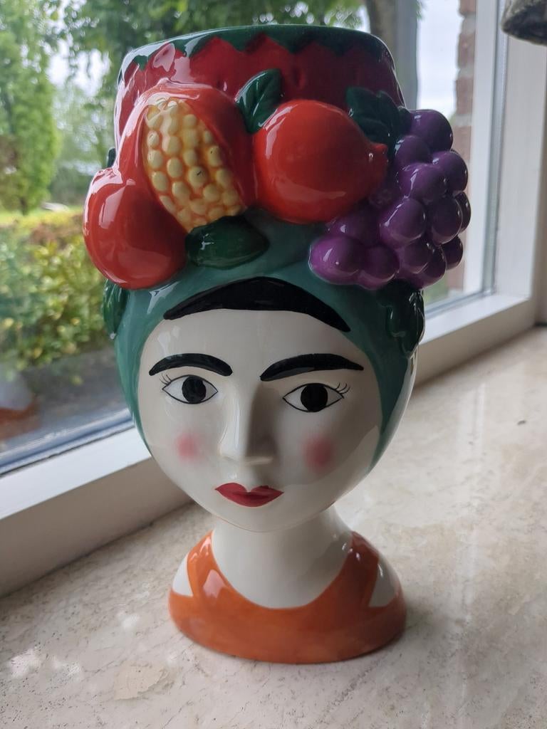 Frida Kahlo stijl bloempot/vaas met fruitdecoratie, Ophalen of Verzenden, Zo goed als nieuw, Overige kleuren