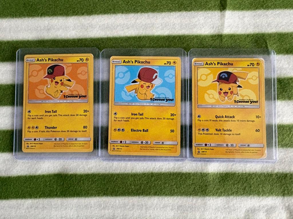 Ash’s Pikachu SM110, SM111 en SM113, Ophalen of Verzenden, Zo goed als nieuw, Meerdere kaarten