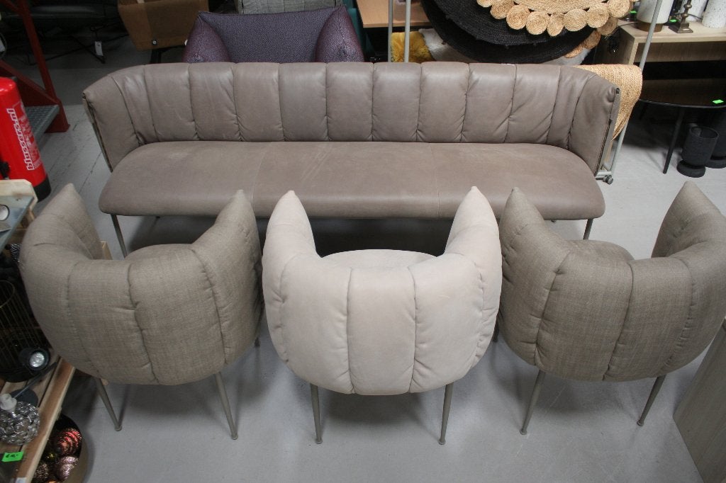 Luxe eetbank + 3 eetkamerstoelen PUFFER Jess leer & stof