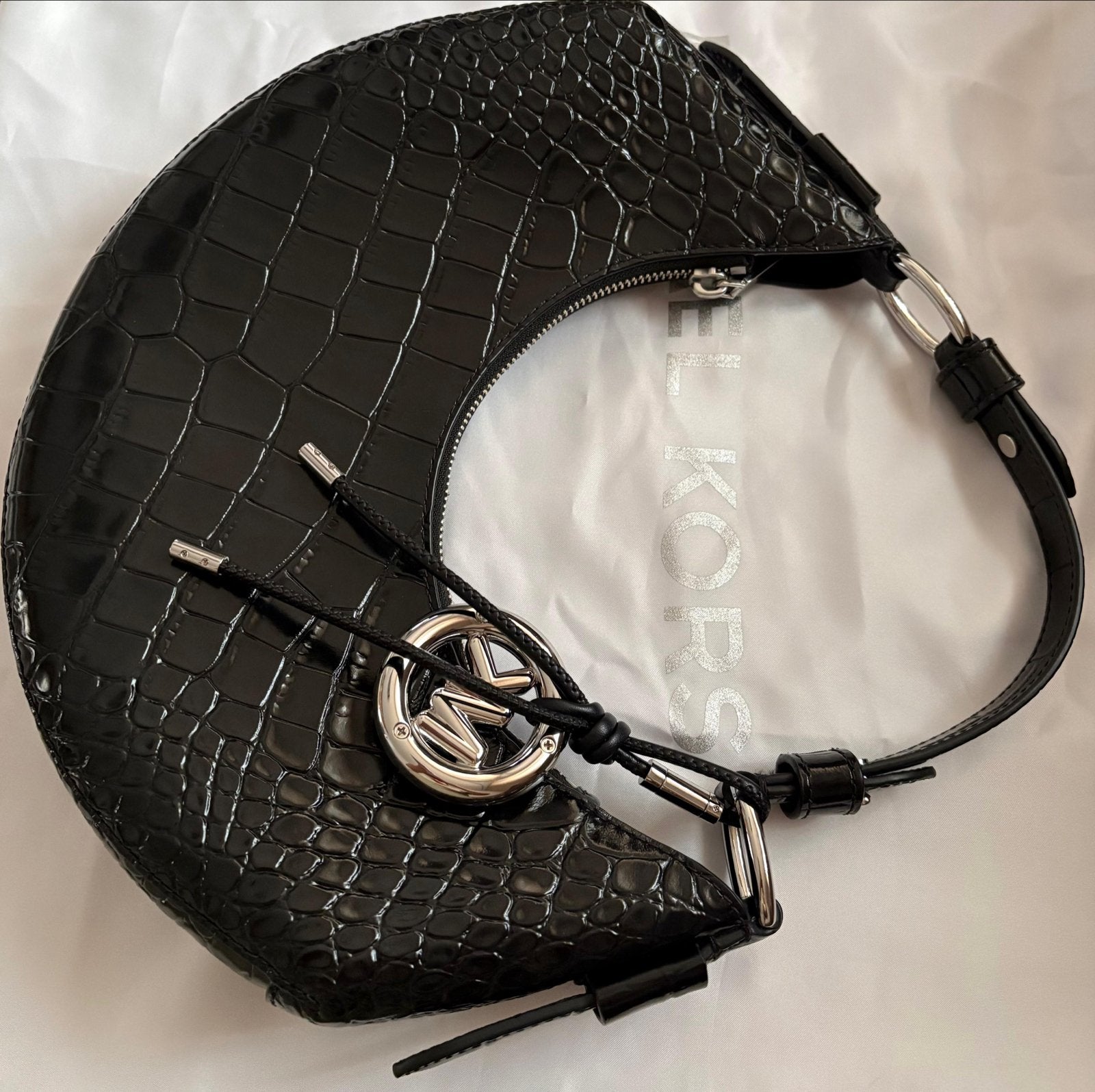 Michael Kors Schoudertasje Zwart Krokodillenprint, Ophalen of Verzenden, Zo goed als nieuw, Zwart, Schoudertasje